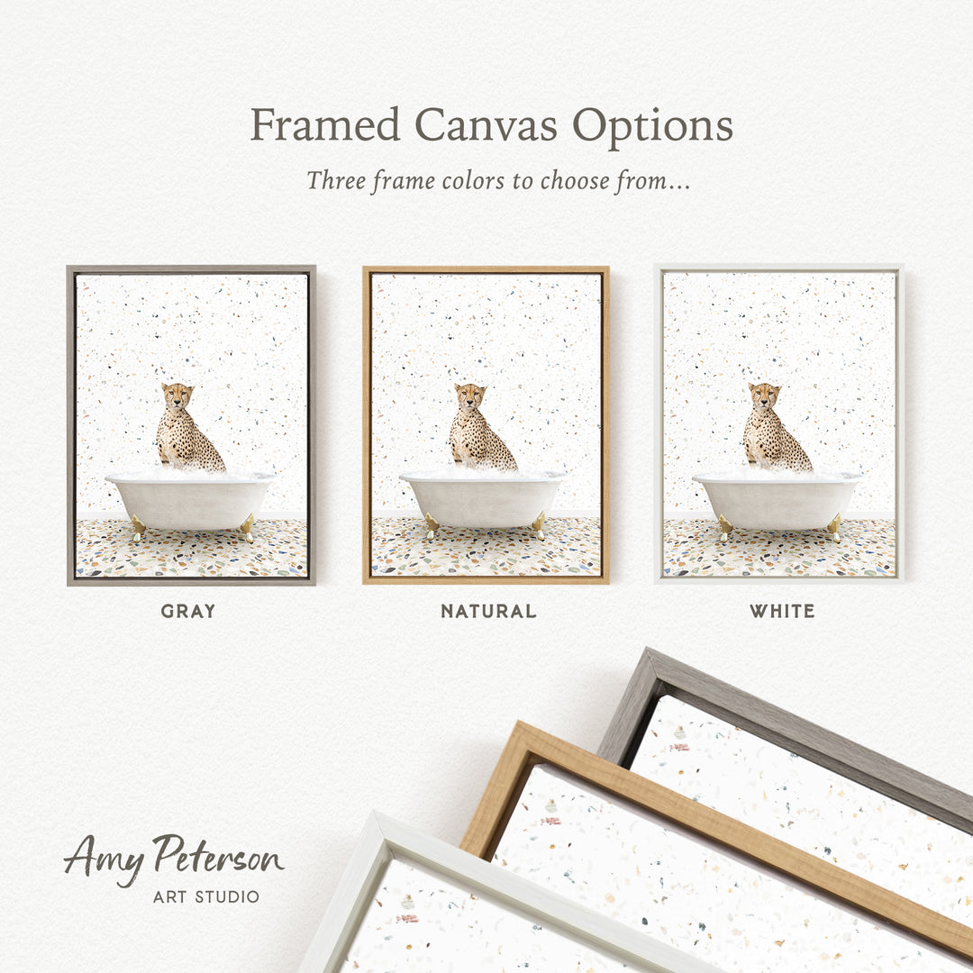 The image is a framed canvas option showcasing three different color options for a framed artwork depicting a cheetah sitting in a bathtub.