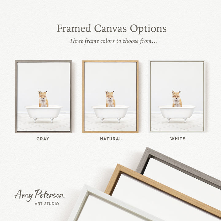 three framed canvas options, each featuring a small orange cat sitting in a white bathtub. The options include a gray frame, a natural frame, and a white frame.