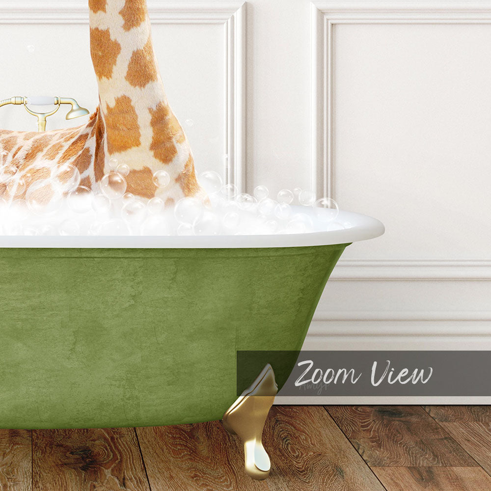 A giraffe standing in a green bathtub filled with bubbles, with a white wall in the background.