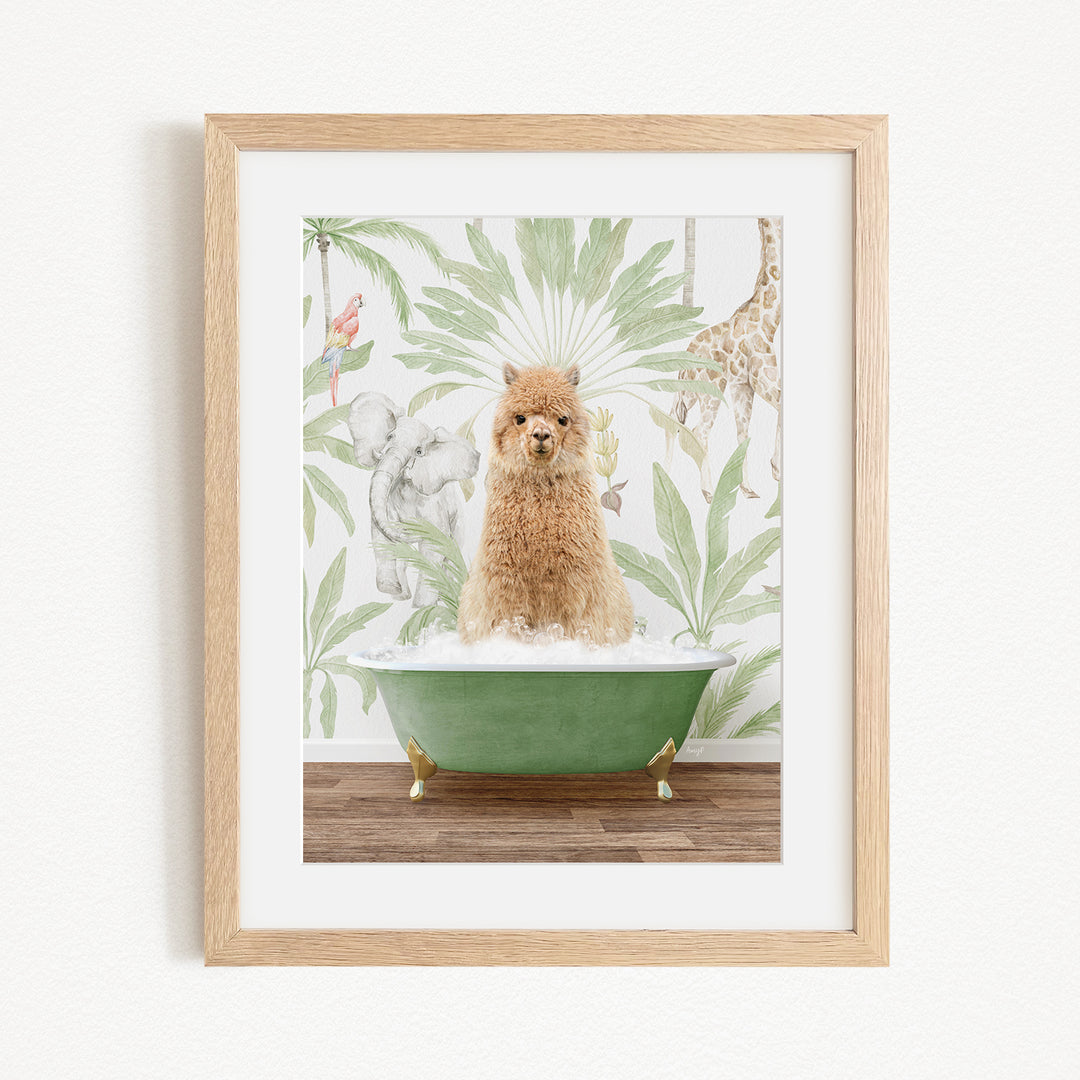 A small brown dog is sitting in a green bathtub, surrounded by a tropical wallpaper with various animals and plants.