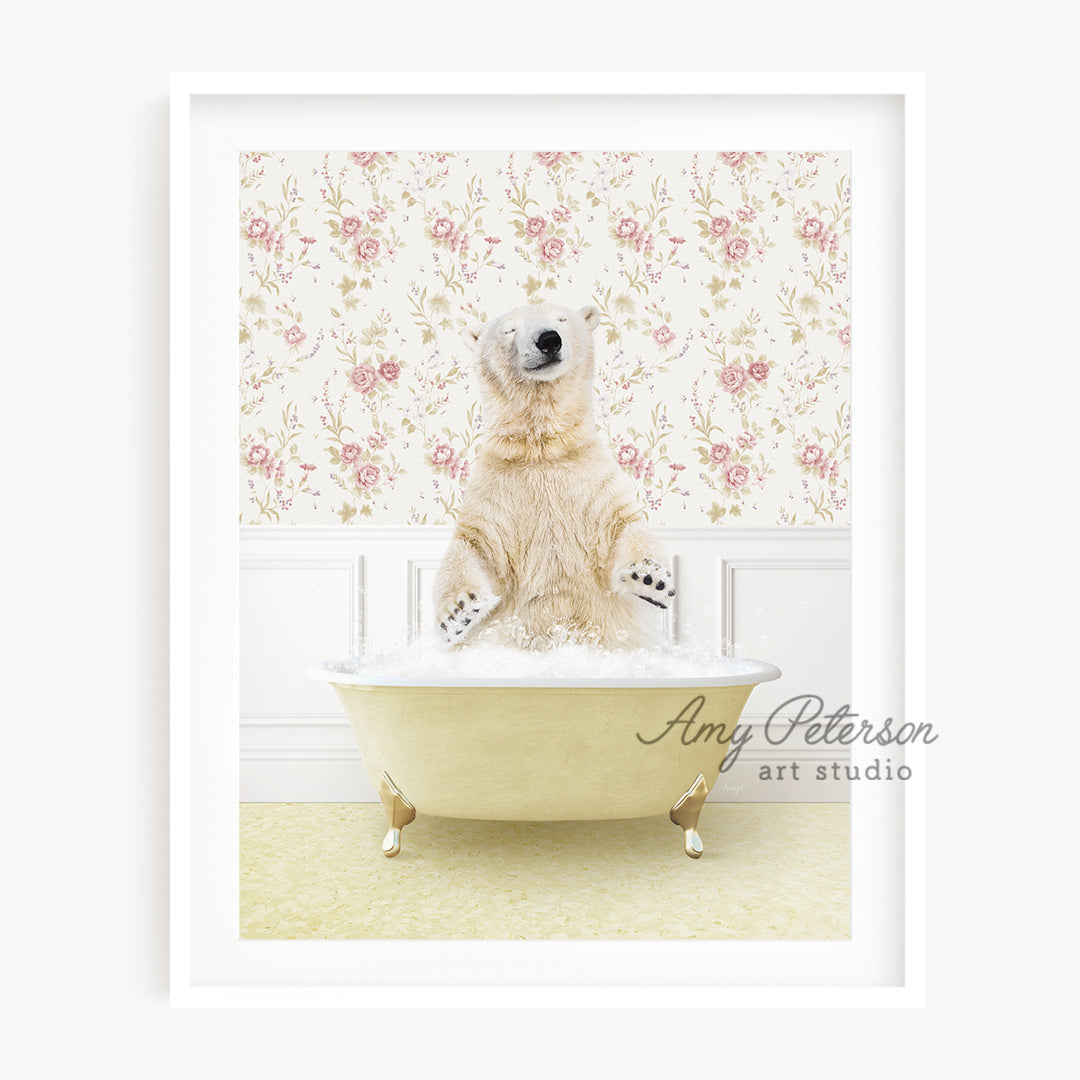 a polar bear sitting in a bath tub