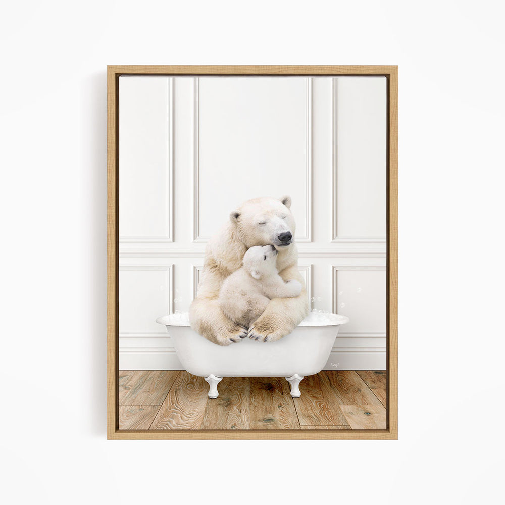 A polar bear and its cub sitting together in a white bathtub against a white wall.