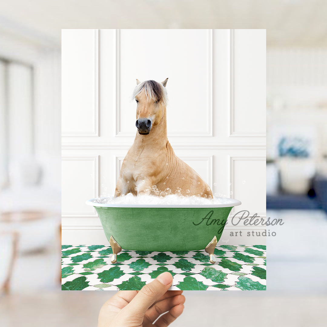 a hand holding a card with a horse in a bathtub