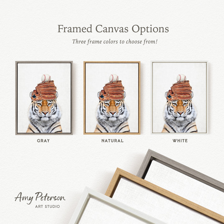 three framed canvas options for a tiger portrait, each with a different frame color: gray, natural, and white.