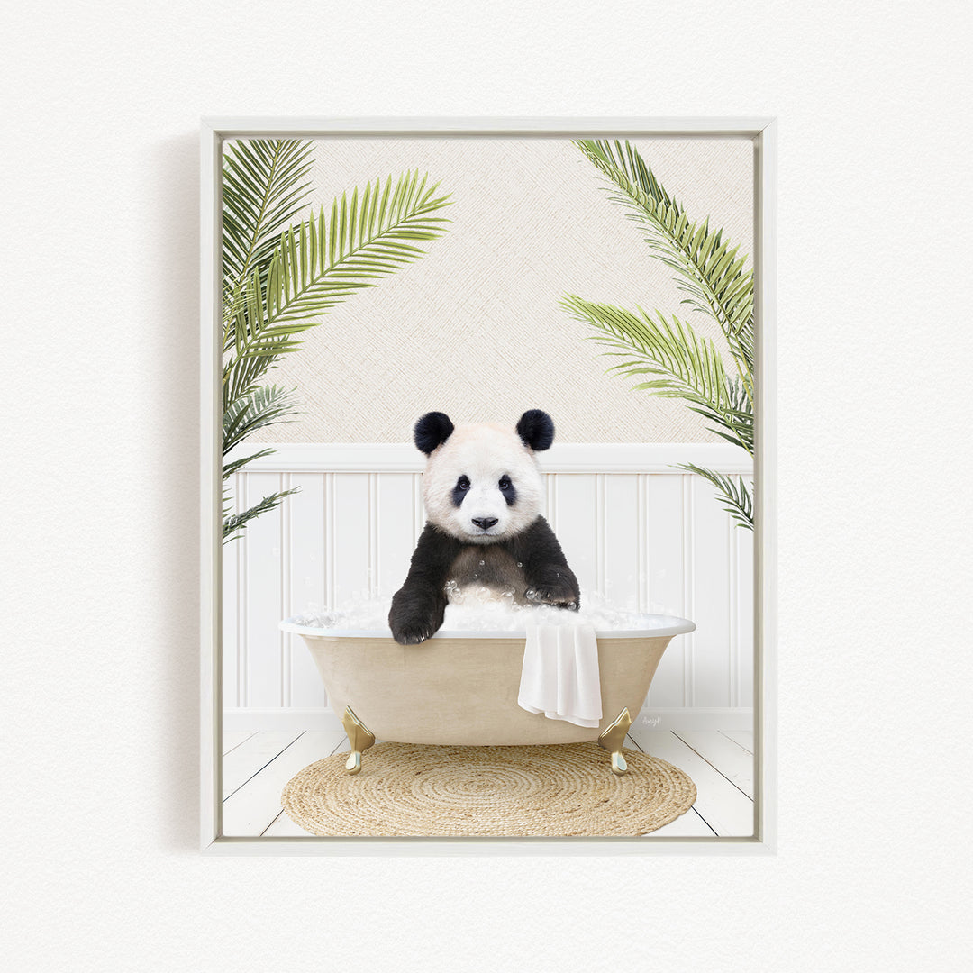 A panda bear sitting in a bathtub filled with water, surrounded by green plants.