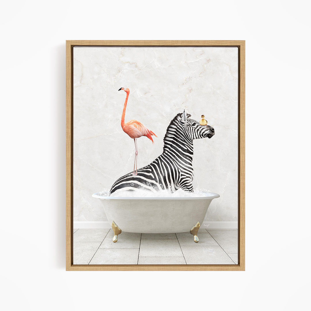 A zebra is sitting in a bathtub, with a flamingo standing on its back.