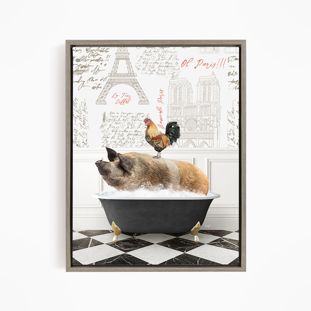 A pig sitting in a bathtub, with a rooster perched on its back, against a backdrop of the Eiffel Tower and other Parisian landmarks.
