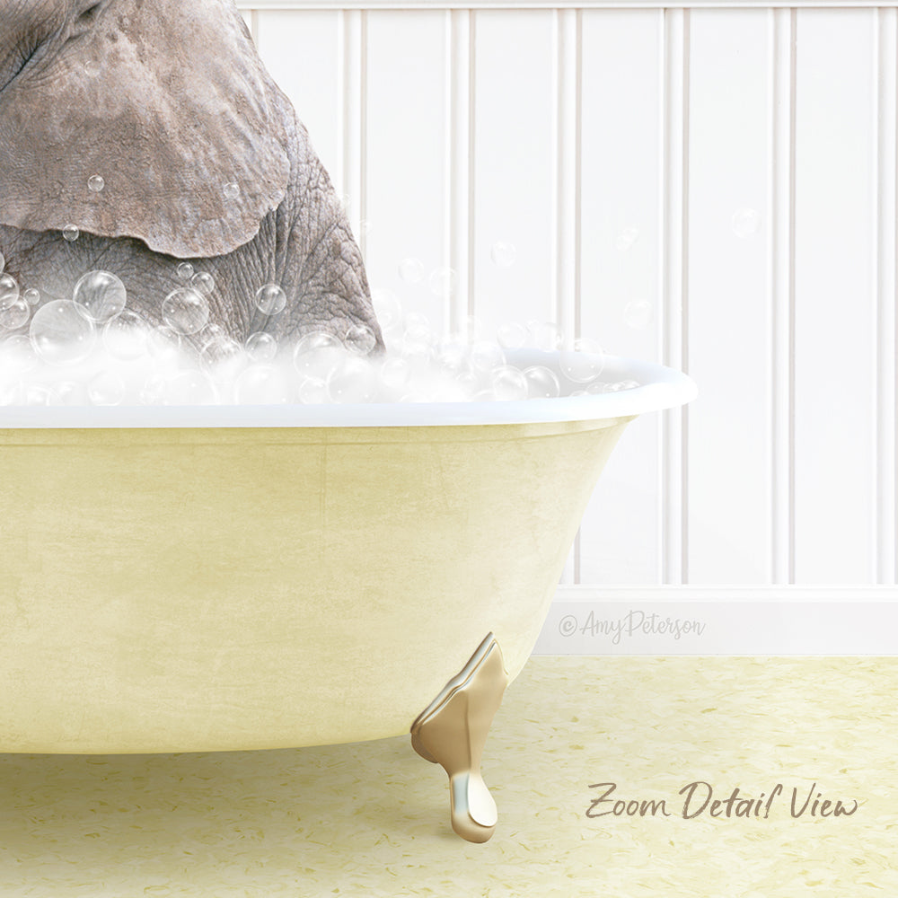 A bathtub filled with bubbles, with an elephant sitting inside and enjoying the bath.