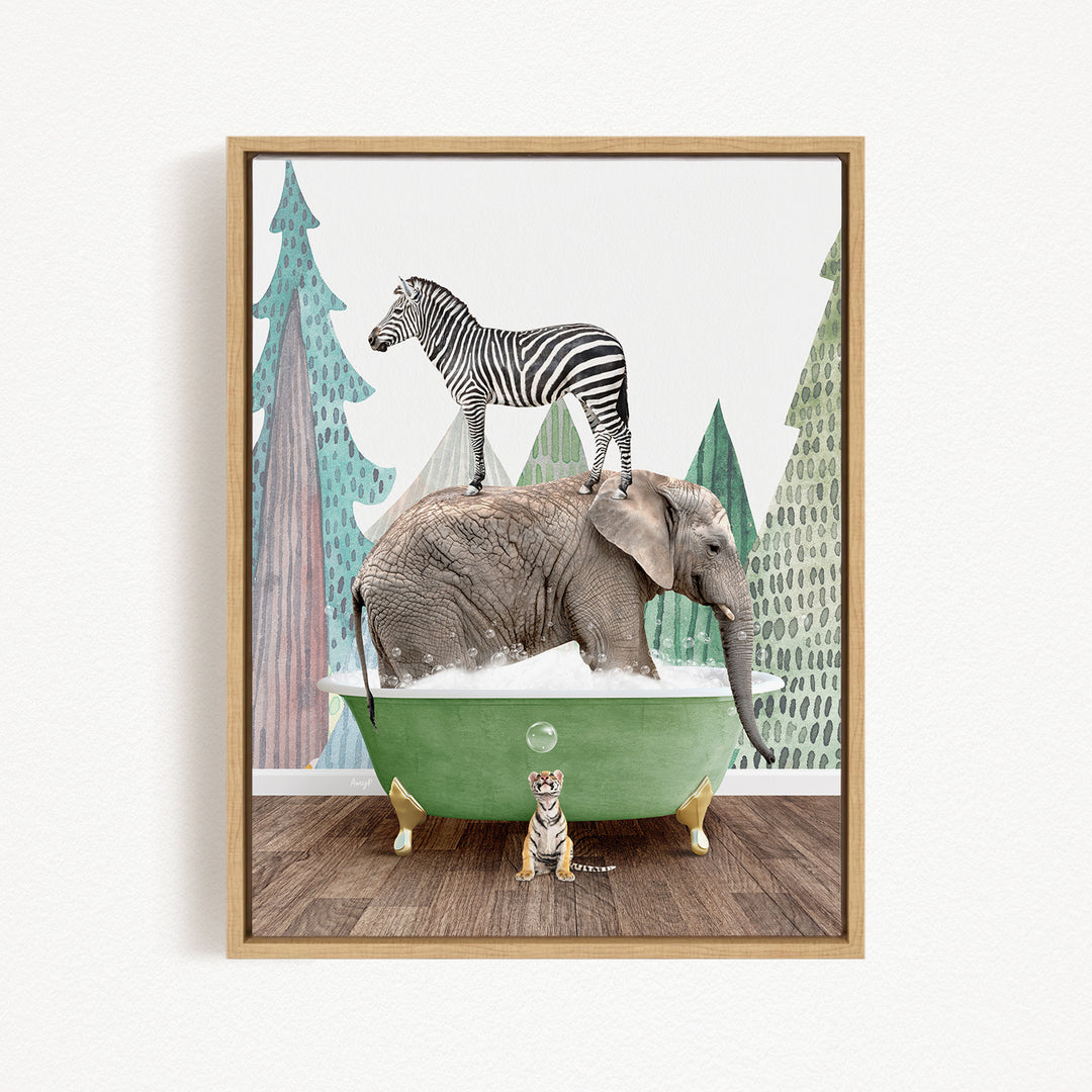 A zebra stands on the back of an elephant in a green bathtub, with a tiger sitting nearby, in a whimsical and surreal scene.