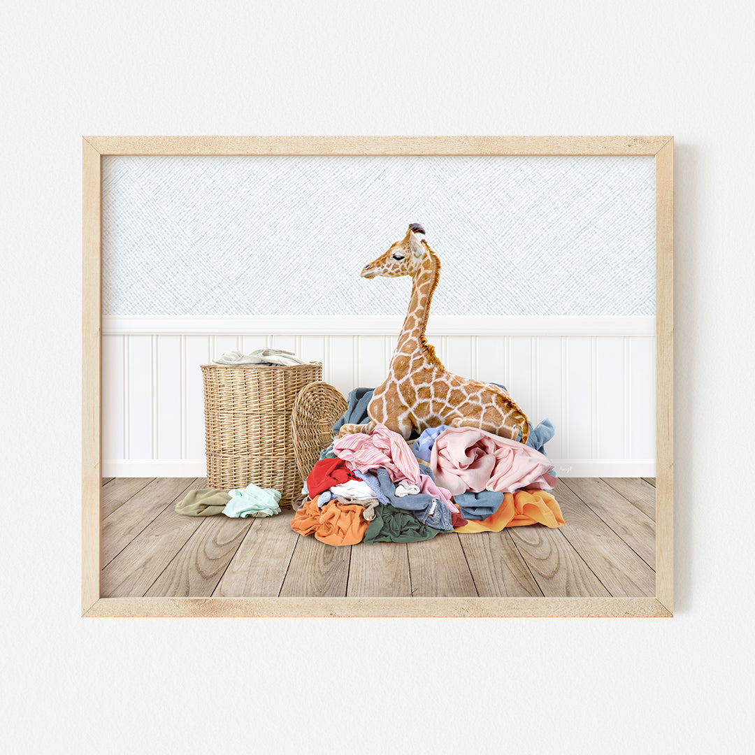 a giraffe sitting on top of a pile of clothes