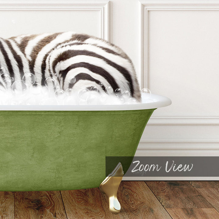 A zebra lying in a green bathtub filled with bubbles, with a white wall in the background.
