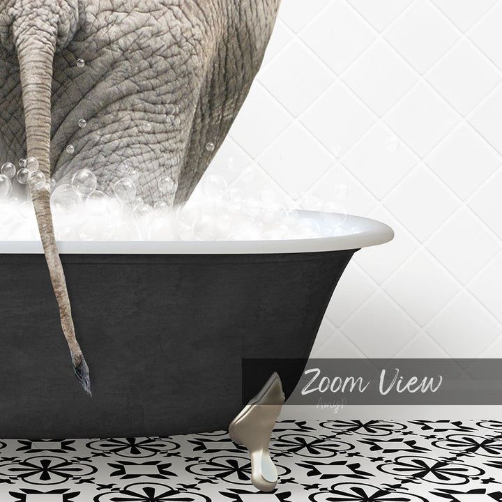 A gray elephant is standing in a black bathtub filled with water, with bubbles around its legs, creating a whimsical and playful scene.