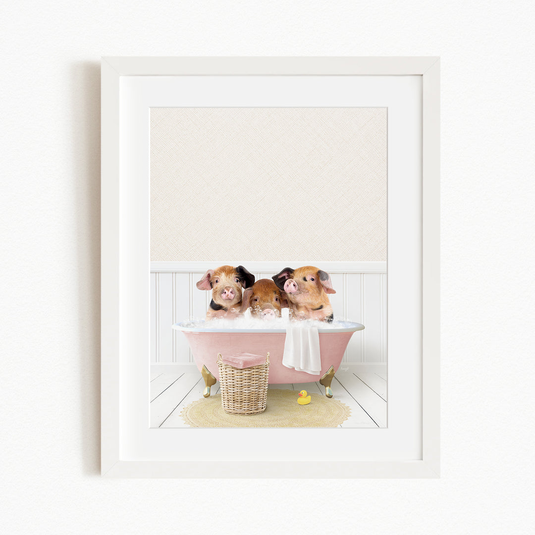 Three adorable pigs sitting in a pink bathtub, enjoying a relaxing bath together.