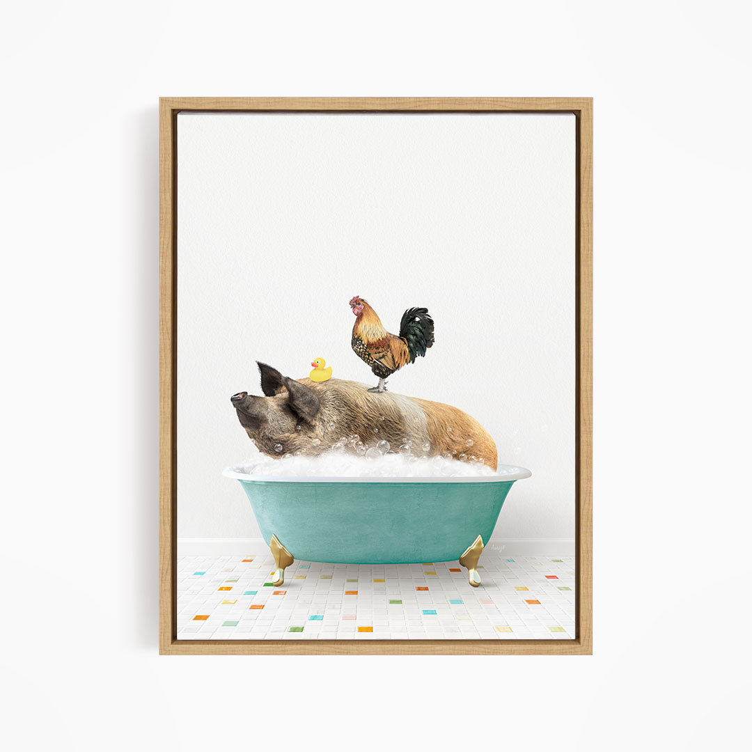 A pig is sitting in a bathtub filled with water, surrounded by a chicken and a duck.
