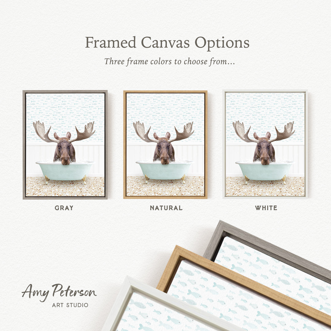 three framed canvas options featuring a moose in a bathtub, with each option having a different frame color: gray, natural, and white.