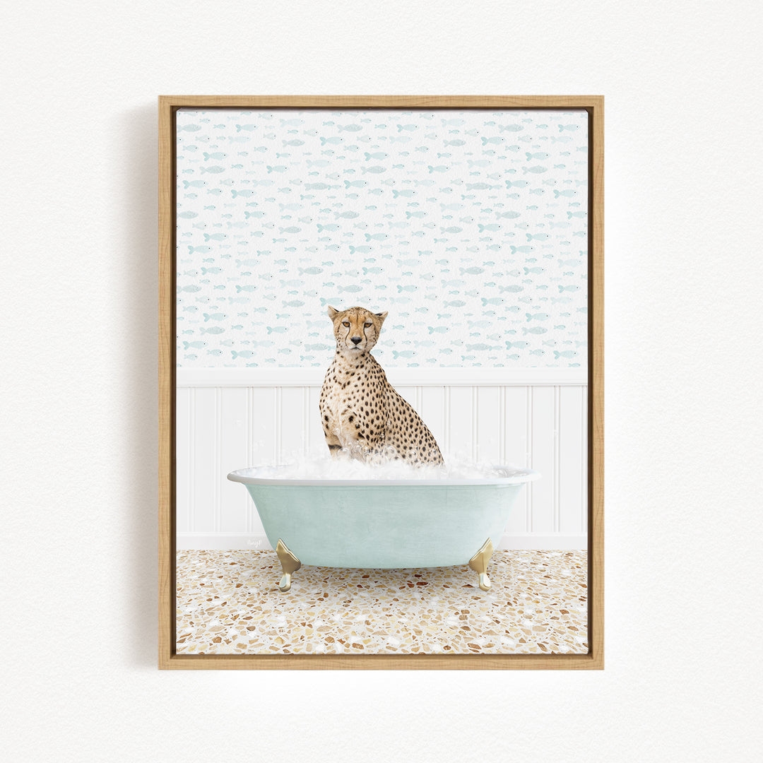 A cheetah sitting in a bathtub filled with water, surrounded by a patterned wall.