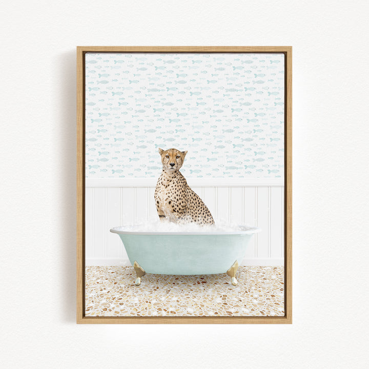 A cheetah sitting in a bathtub filled with water, surrounded by a patterned wall.