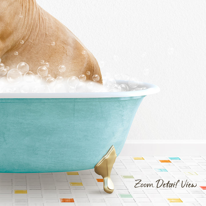 A dog is sitting in a blue bathtub filled with bubbles, with a colorful tiled floor in the foreground.