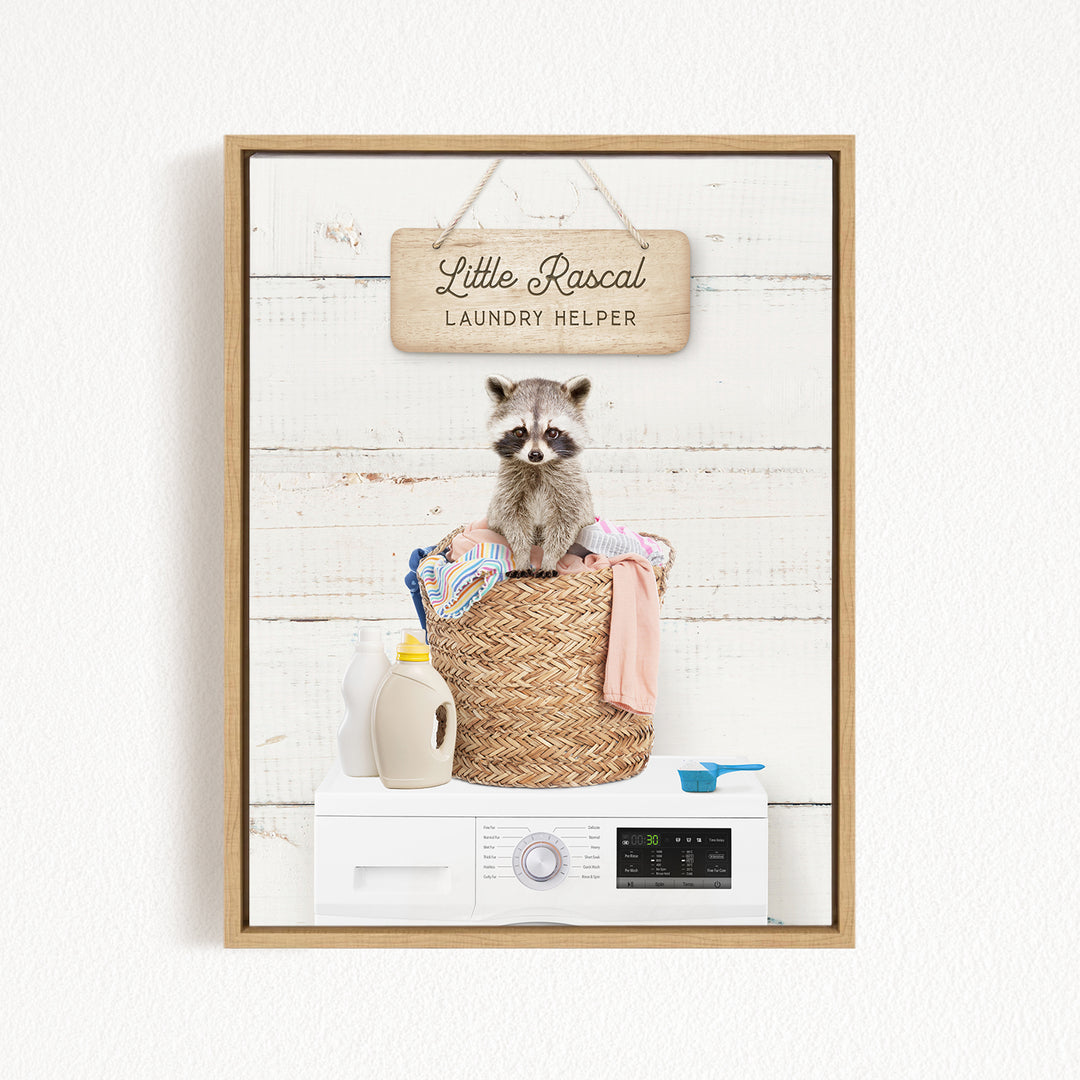 A raccoon sitting in a woven laundry basket, surrounded by various laundry-related items such as detergent bottles and a washing machine.