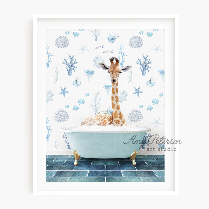 a giraffe is sitting in a bathtub with a blue tile floor