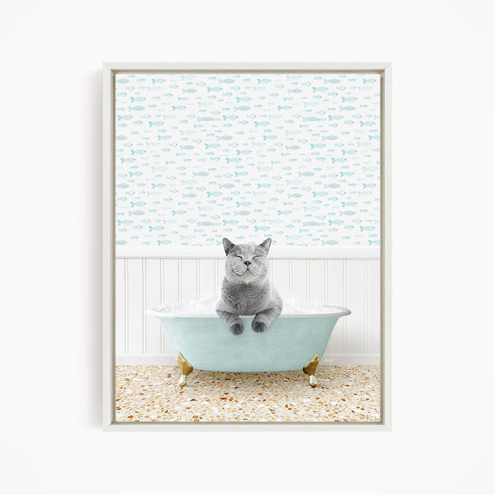 A gray cat sitting in a light blue bathtub filled with bubbles, with a pattern of fish on the wall behind it.