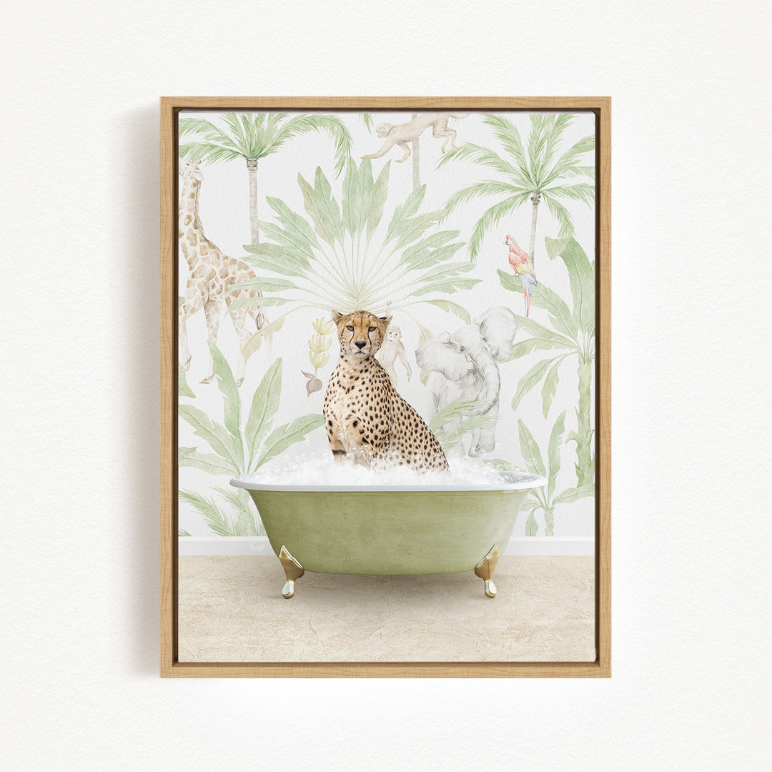 A cheetah sitting in a green bathtub, surrounded by tropical foliage and animals, creating a whimsical and playful scene.