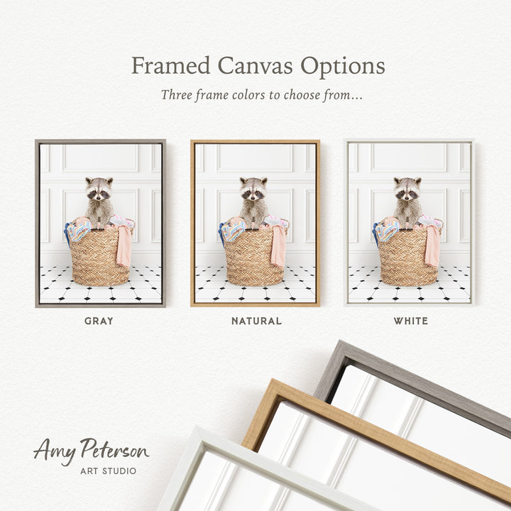 three framed canvas options, each featuring a raccoon sitting in a basket. The options include a gray frame, a natural frame, and a white frame.