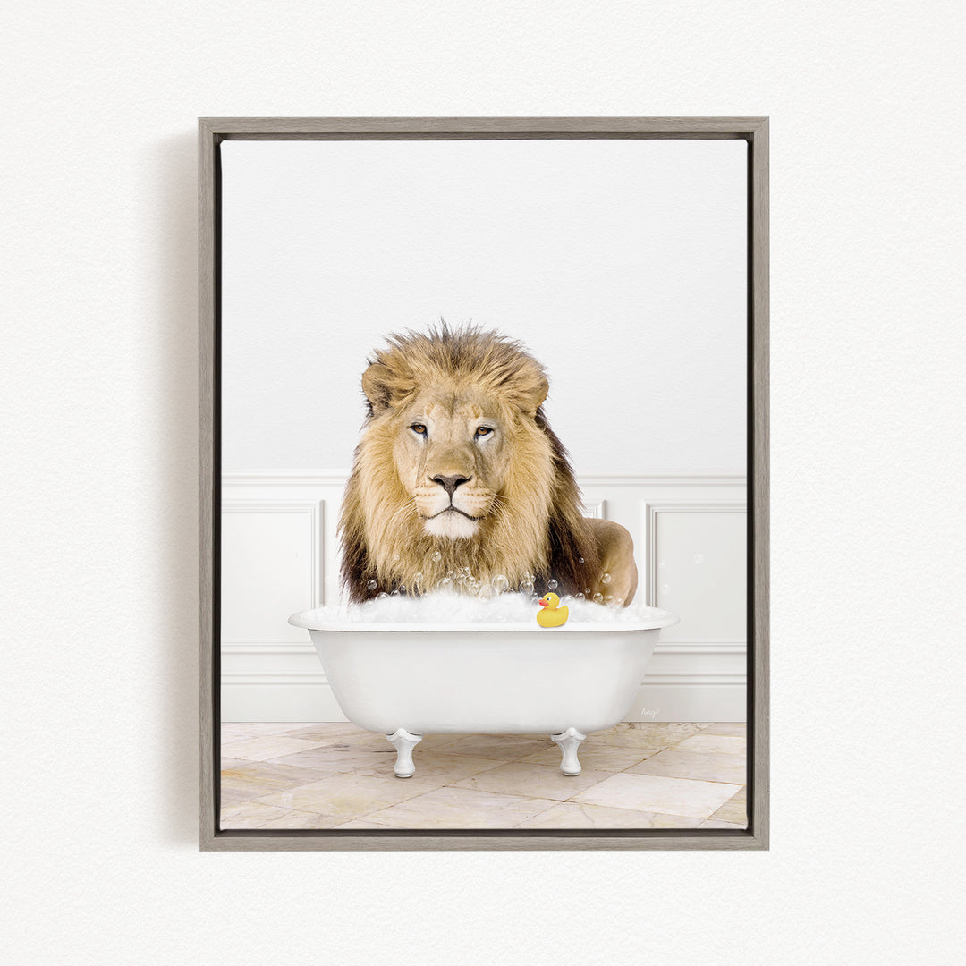 A lion sitting in a white bathtub, surrounded by bubbles and a rubber duck.