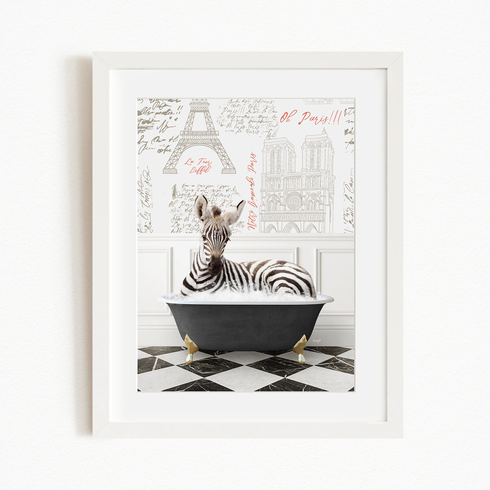 A zebra is sitting in a bathtub, surrounded by a Paris-themed background with the Eiffel Tower and other Parisian landmarks.