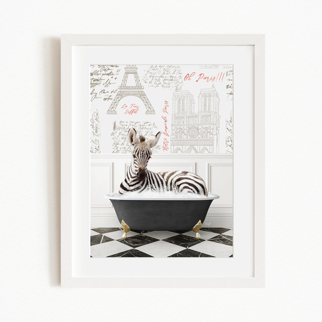 A zebra is sitting in a bathtub, surrounded by a Paris-themed background with the Eiffel Tower and other Parisian landmarks.