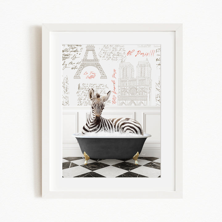 A zebra is sitting in a bathtub, surrounded by a Paris-themed background with the Eiffel Tower and other Parisian landmarks.