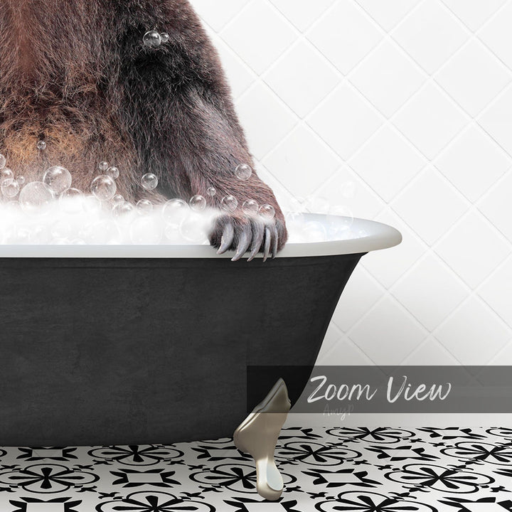 A close-up of a bear's paw in a bathtub filled with bubbles, with a text overlay that reads "Zoom View".