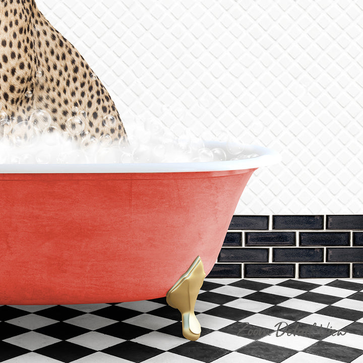 A leopard-print bathtub filled with water, with a black and white checkered floor in the foreground.