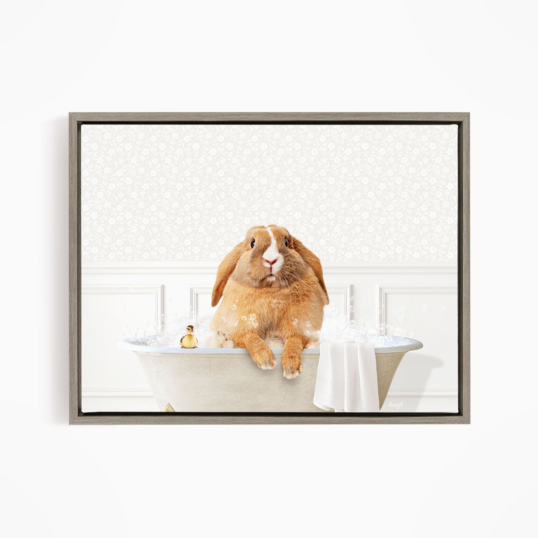A fluffy orange rabbit sitting in a bathtub filled with water, surrounded by bubbles, with a small rubber duck nearby.