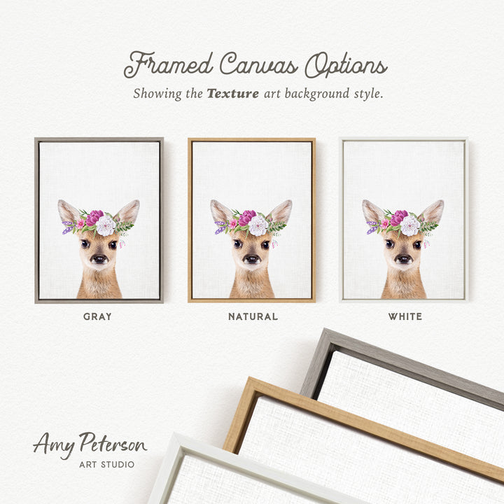 three framed canvas options, each featuring a deer with a floral headpiece. The options are labeled as "Grays," "Natural," and "White," representing different color schemes.