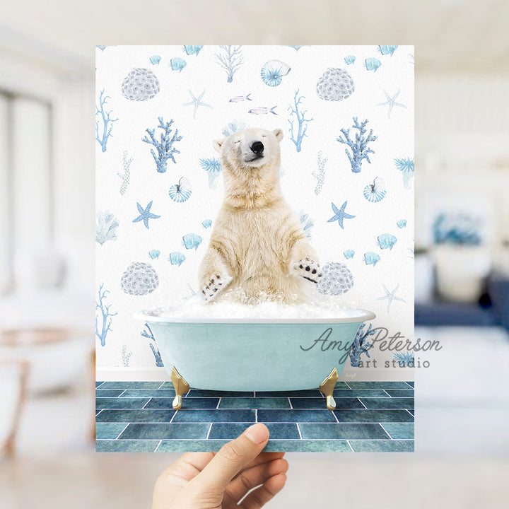 a polar bear sitting in a bath tub