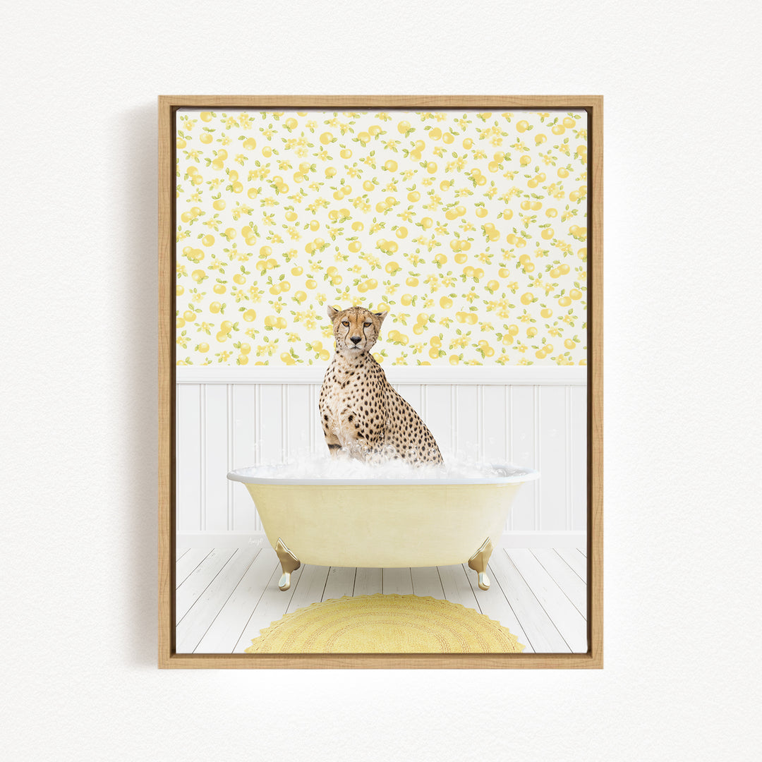 A cheetah sitting in a bathtub filled with water, surrounded by a yellow floral pattern on the walls.