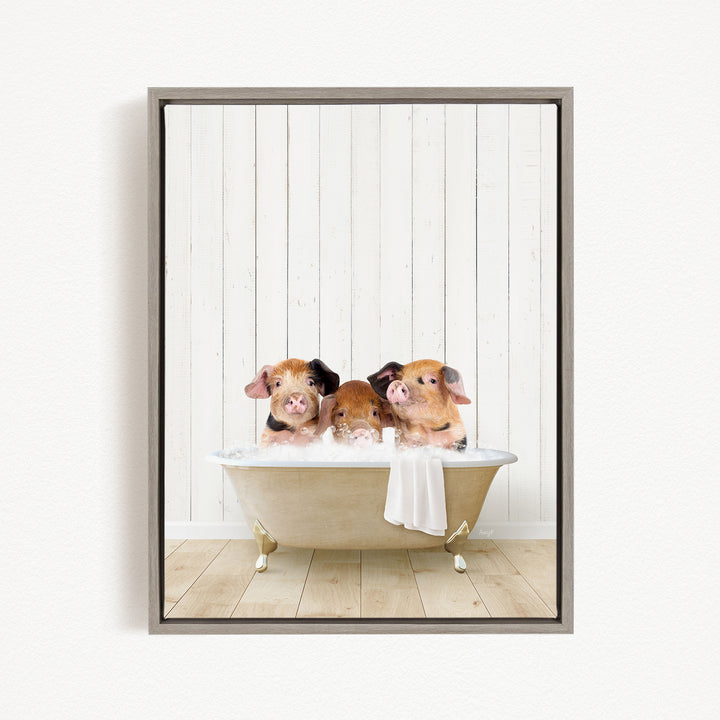 Three adorable pigs sitting in a white bathtub, enjoying a relaxing bath together.