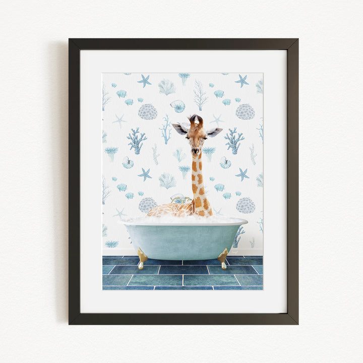 A giraffe is sitting in a bathtub filled with bubbles, surrounded by a blue and white ocean-themed wallpaper.