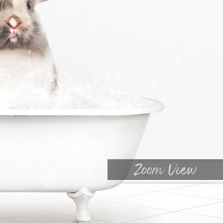A fluffy white rabbit sitting in a white bathtub filled with bubbles, with the word "Zoom View" written below the image.