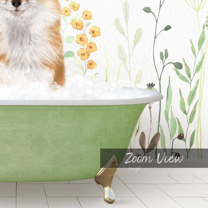 A fluffy dog is sitting in a green bathtub filled with bubbles, surrounded by a floral wallpaper.