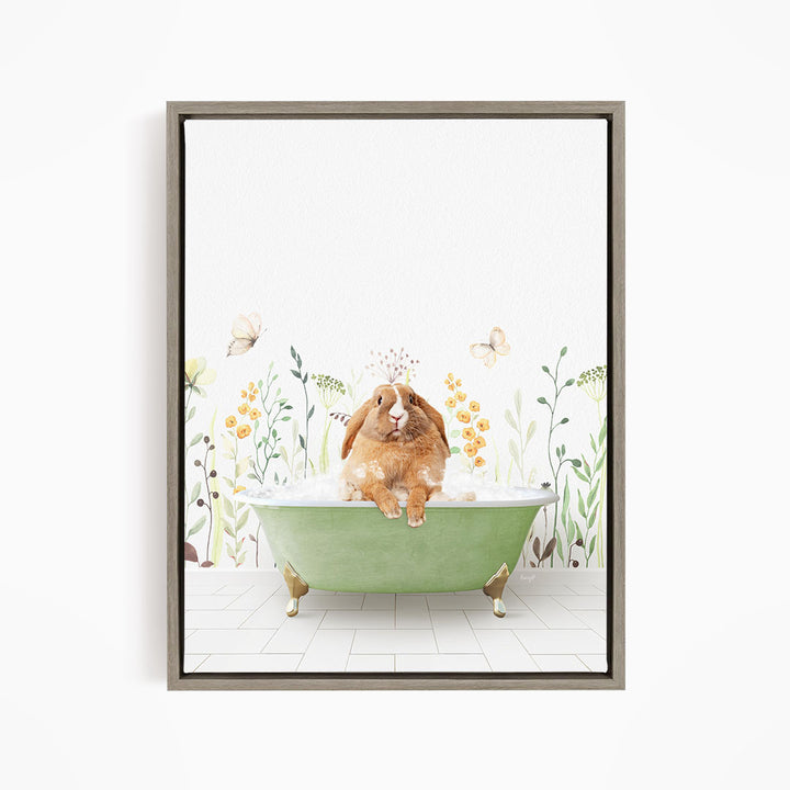 A brown rabbit sitting in a green bathtub filled with bubbles, surrounded by flowers and butterflies.