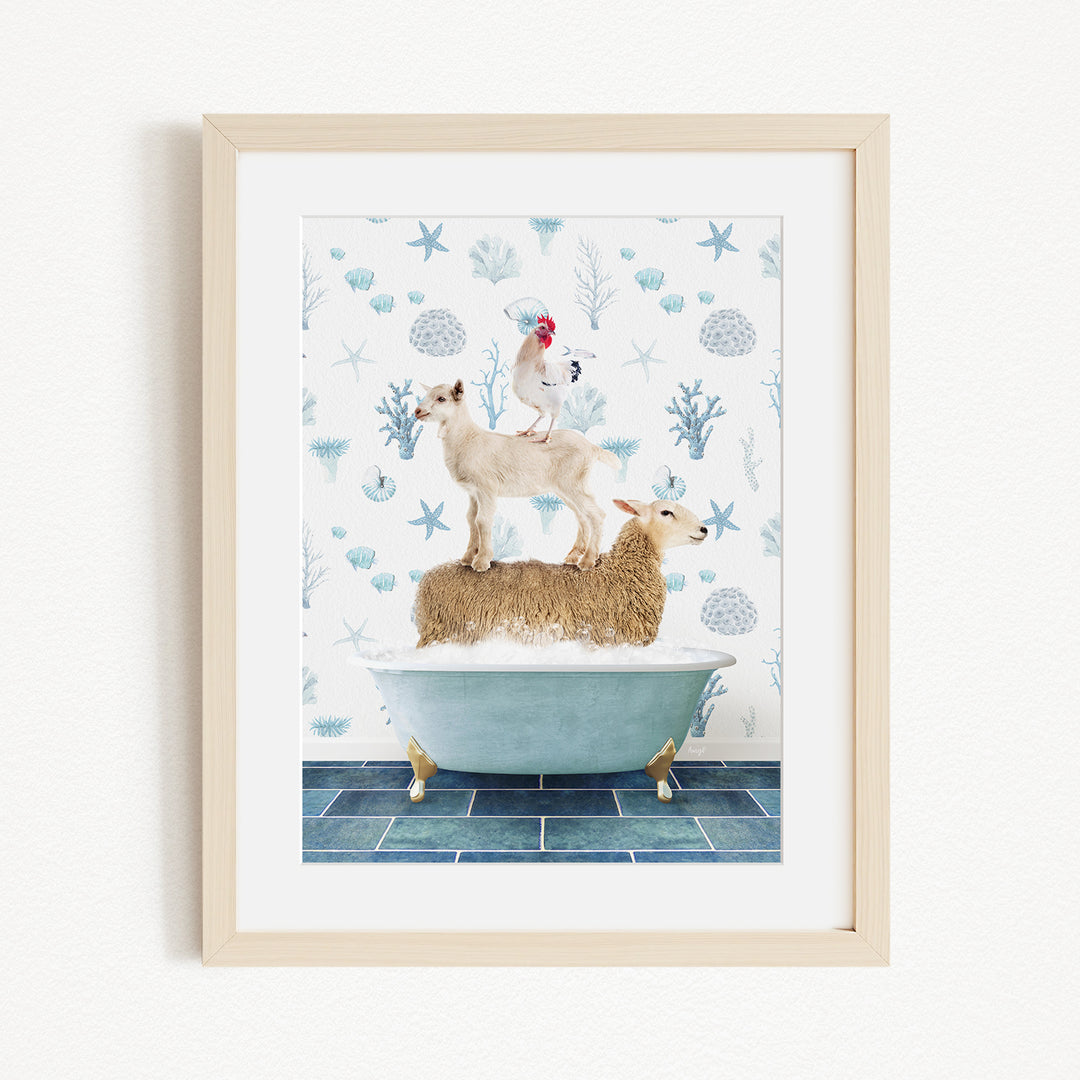 A framed image depicting a sheep standing on a bathtub, with a rooster perched on top of the sheep.