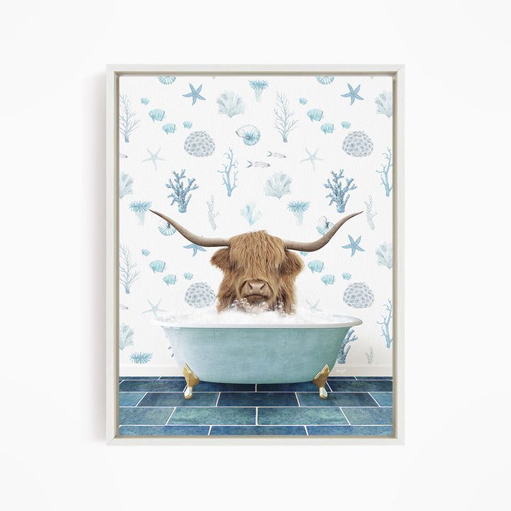 A brown cow with long horns is sitting in a blue bathtub, surrounded by a pattern of seashells, starfish, and other marine life.