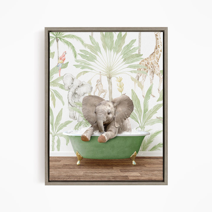 A framed illustration of an elephant sitting in a green bathtub, surrounded by tropical foliage and other animals.