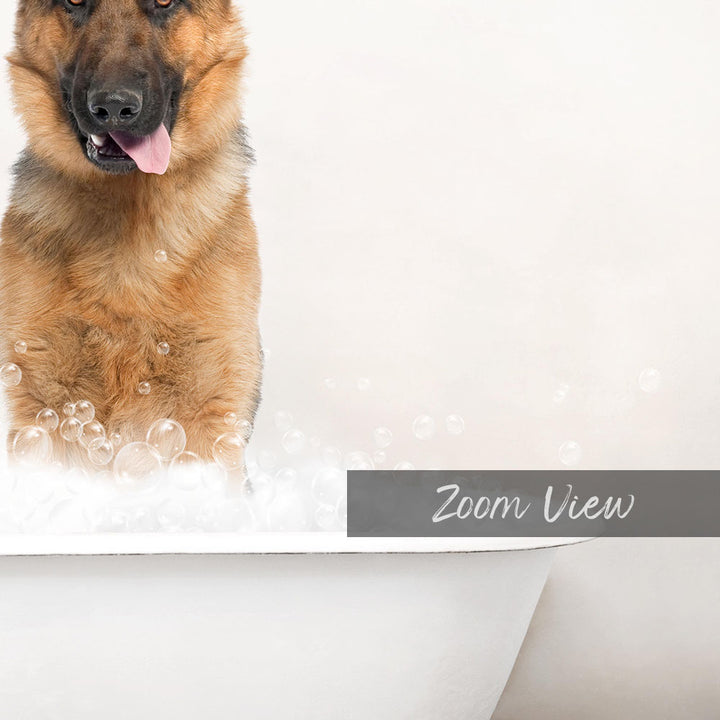 A German Shepherd dog standing in a bathtub filled with bubbles, with the word "Zoom View" written on the side of the tub.