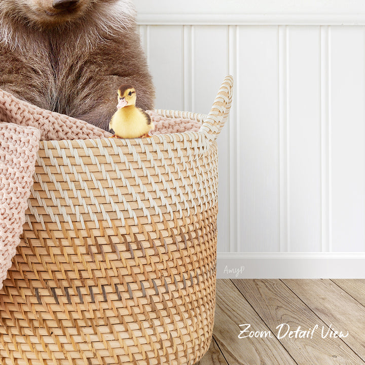 A small yellow duck sits in a woven basket, with a brown bear sitting next to it.