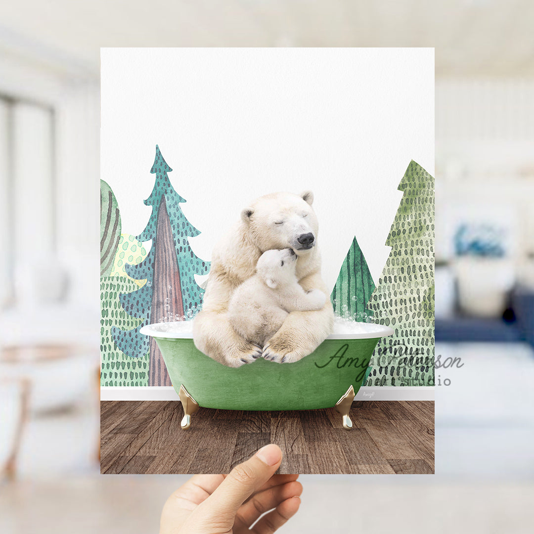 a polar bear and her cub are sitting in a green tub