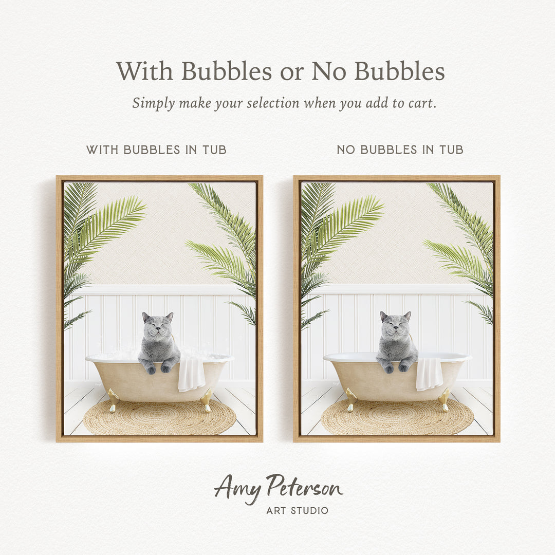 The image is a collage of two pictures, each featuring a cat sitting in a bathtub. The cat appears to be gray and is sitting on a towel. The cat is surrounded by green plants, creating a relaxing and serene atmosphere. The collage is titled "With Bubbles or No Bubbles" and is created by Amy Peterson from Art Studio.