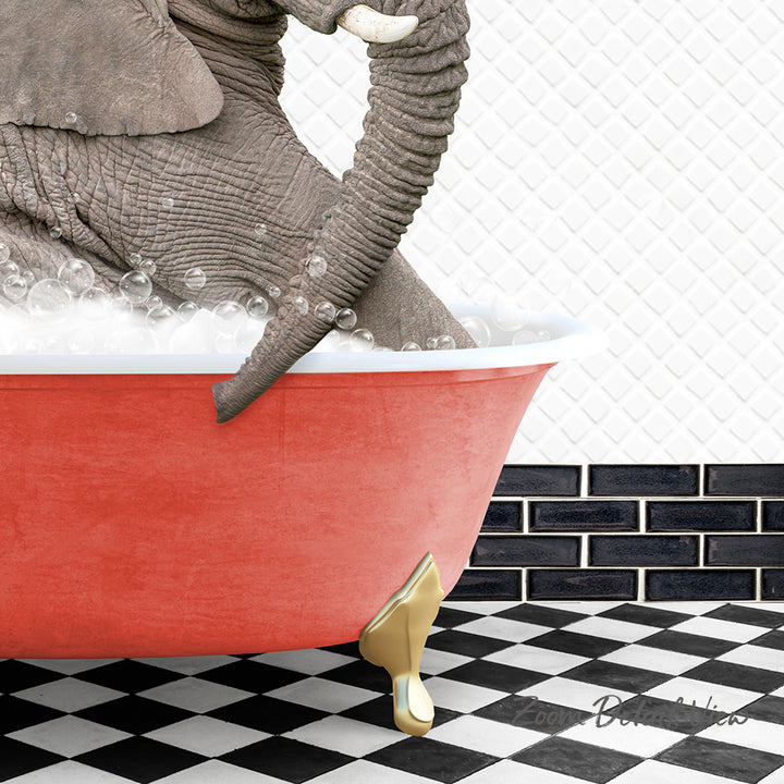 A large gray elephant is sitting in a red bathtub filled with bubbles, with a black and white checkered floor in the background.
